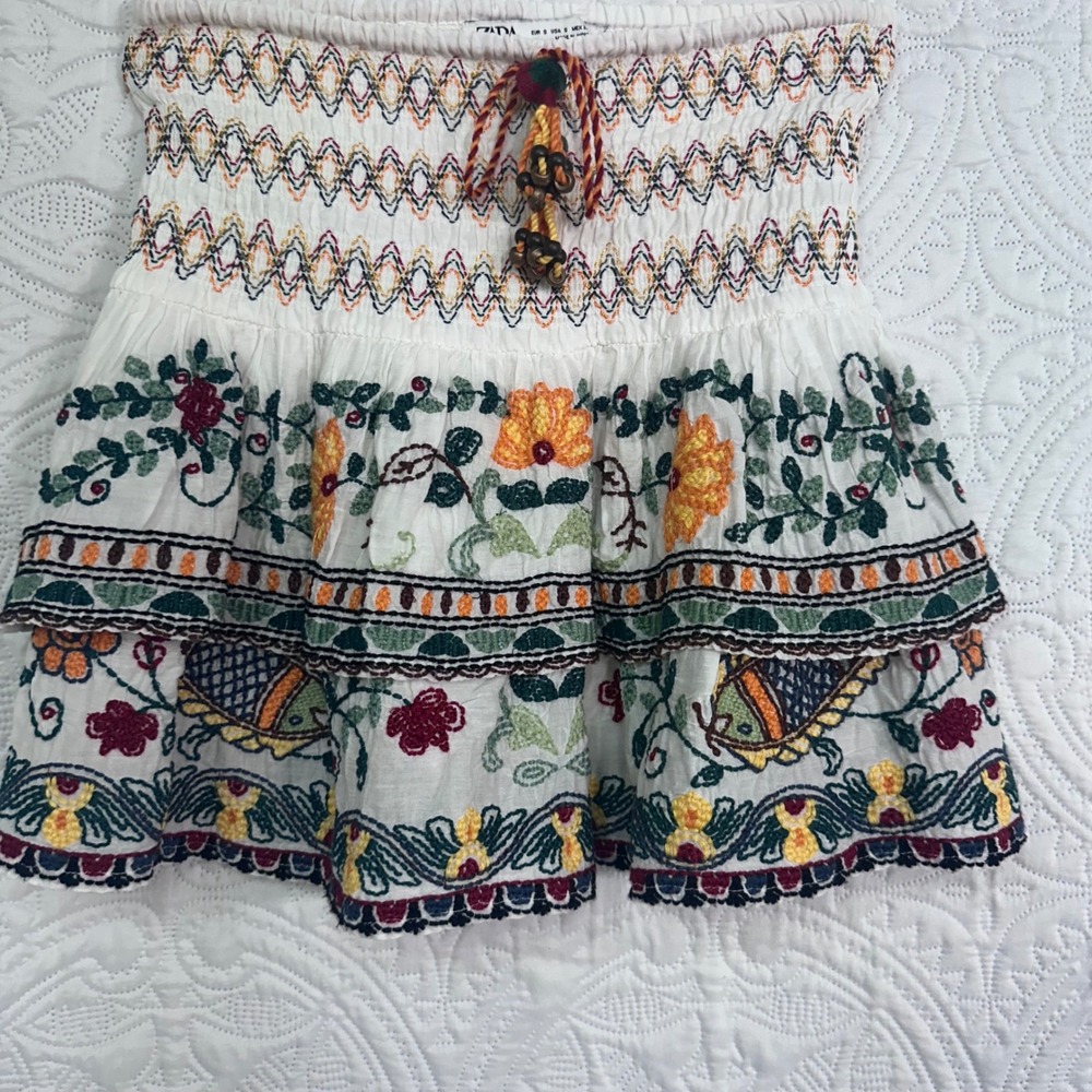 Zara Embroidered Floral Smocked halter top White Boho Tassel Small